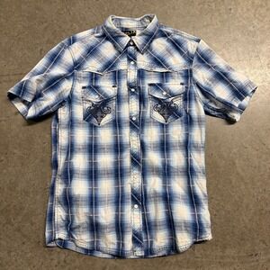 Helix Mens Blue Plaid Pearl Snap Western Shirt Short Sleeve Medium Embroidered